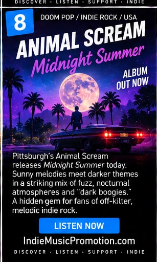 Animal Scream artwork showing a lone figure beneath a purple moon and palm trees.