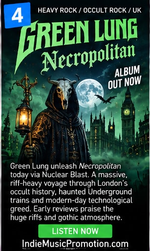 Occult green-lung artwork showing a hooded figure and haunted London skyline.