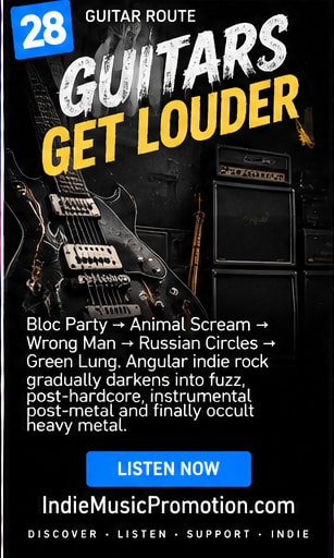 Guitars Get Louder artwork with guitars, amplifiers, and a five-artist heavy listening route.