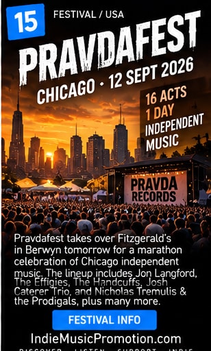 Pravdafest crowd gathered beneath the Chicago skyline at a large outdoor concert.