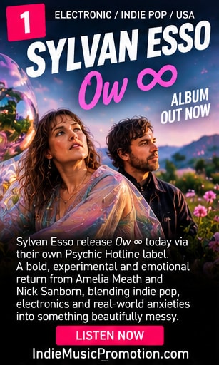Sylvan Esso depicted in a colourful surreal garden scene for Ow infinity.