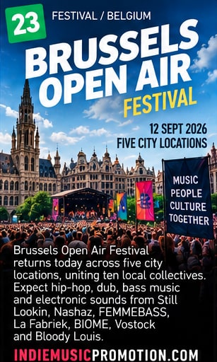 Brussels Open Air Festival crowd in front of the city skyline and a live stage.