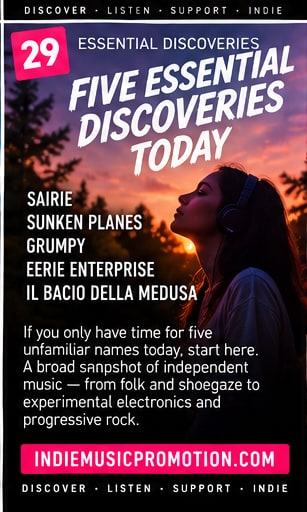 Five Essential Discoveries artwork listing Sairie, Sunken Planes, Grumpy, Eerie Enterprise and Il Bacio della Medusa.