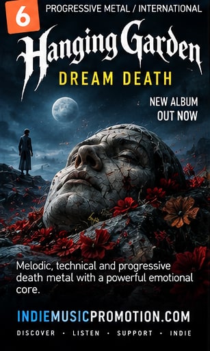 Hanging Garden Dream Death artwork with a monumental stone head, moonlight, and red flowers.