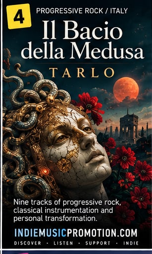 Il Bacio della Medusa Tarlo artwork with a classical stone face, flowers, and a red moon.