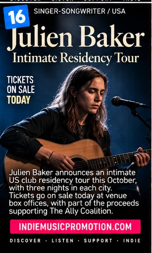 Julien Baker performing with an acoustic guitar at a close, intimate club microphone.