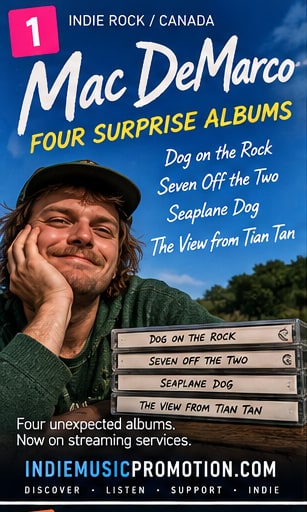 Mac DeMarco beside a stack listing his four surprise albums released on streaming services.