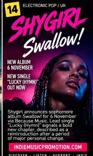 Shygirl in saturated pink and blue light for the Swallow! album announcement.