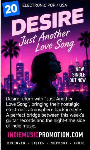 Woman beneath purple palm trees in a nostalgic neon evening for Desire's Just Another Love Song.