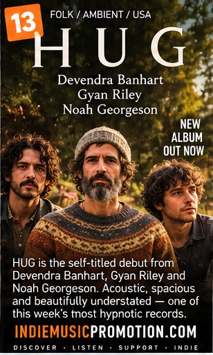 Devendra Banhart, Gyan Riley, and Noah Georgeson outdoors in nature for HUG debut.