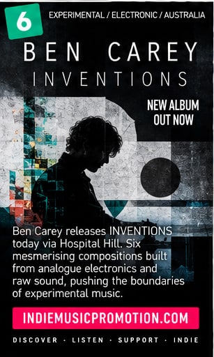 Ben Carey silhouette in profile against textured analog synthesizer graphic for INVENTIONS.