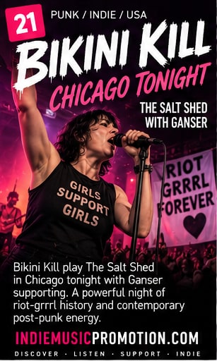 Kathleen Hanna of Bikini Kill performing with microphone in front of Girls Support Girls banner at The Salt Shed.