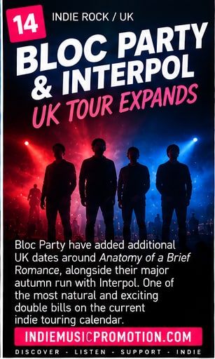 Bloc Party and Interpol silhouettes against red stage lighting announcing expanded UK dates.