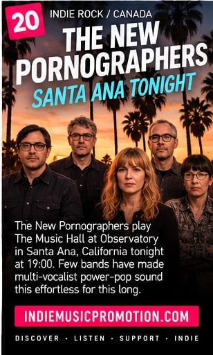 The New Pornographers band members standing before California palm trees at sunset for Observatory show in Santa Ana.