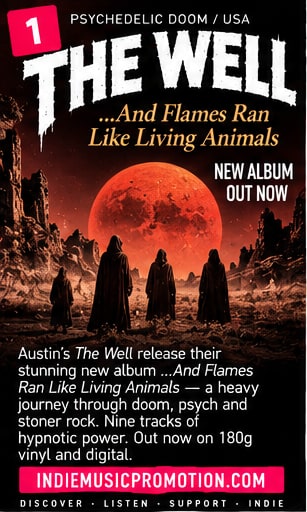 The Well ...And Flames Ran Like Living Animals album announcement with a crimson moon and desert figures.
