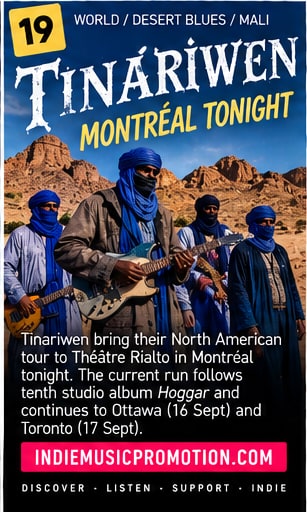 Tinariwen in traditional desert robes with electric guitars in a rocky landscape for Montréal Théâtre Rialto show.