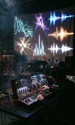 Experimental music visualization with modular synthesizers and glowing electroacoustic waveforms.