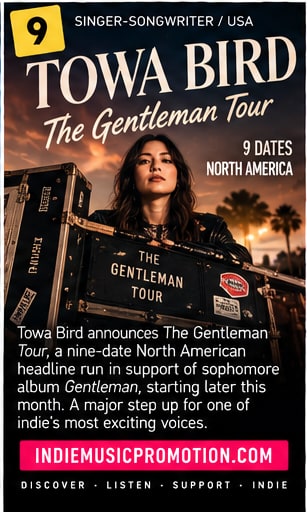 Towa Bird seated by an amplifier road case announcing The Gentleman Tour.