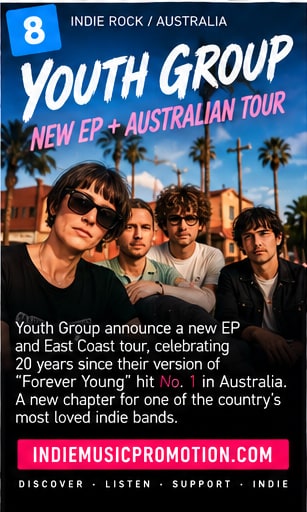 Youth Group band members standing on a palm-lined suburban street for their anniversary tour.