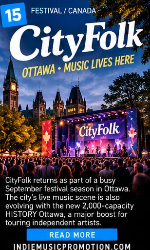 CityFolk festival main stage performance under illuminated Ottawa evening sky.