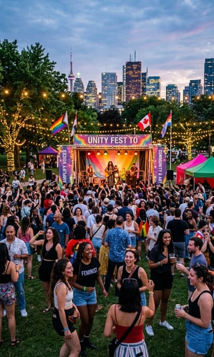 Outdoor summer festival stage with diverse crowd celebrating community music in an urban park.
