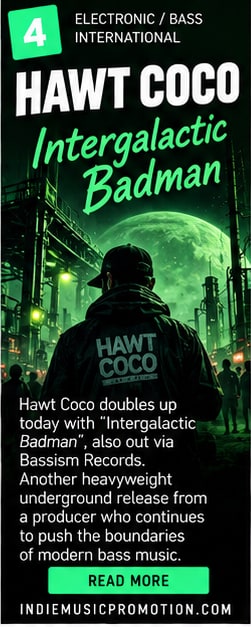 Producer in Hawt Coco jacket standing before industrial futuristic green-lit moon facility.