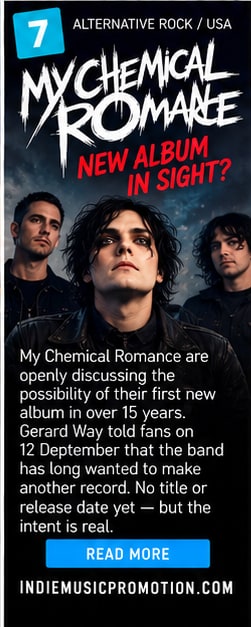 Gerard Way and My Chemical Romance band members in dark leather jackets under stormy night sky.