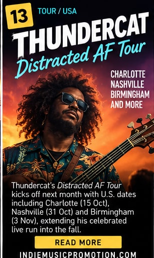 Thundercat with sunglasses and bass guitar against vivid sunset sky for Distracted AF Tour.