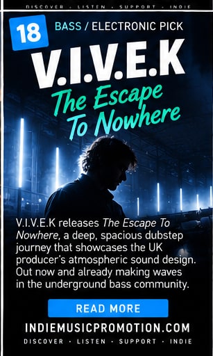 Electronic producer silhouette inside an atmospheric warehouse club with glowing blue pillars.