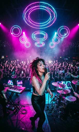 Vibrant indie pop live concert with energetic vocalist and neon magenta geometric rings.