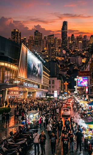 Lively evening street scene in Bangkok outside a modern live music arena during sunset.