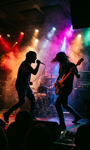 Hardcore vocalist and psychedelic bass guitarist performing side by side on a smoky concert stage.