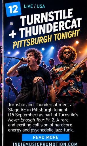 Turnstile vocalist shouting into microphone alongside Thundercat performing on bass guitar.