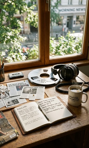 Music journalist work desk with coffee, headphones, tape reel, and notebook by a sunlit window.
