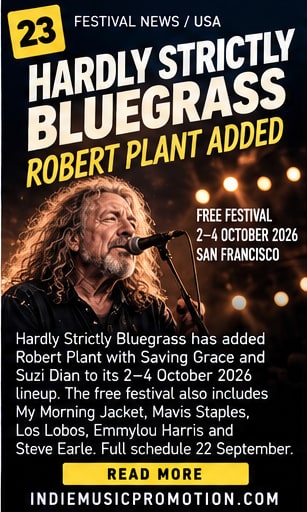 Robert Plant singing into microphone with stage backlights for Hardly Strictly Bluegrass announcement.
