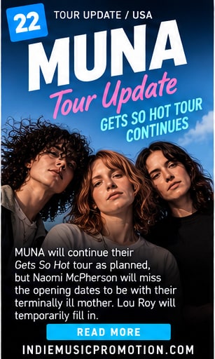 MUNA trio portrait against blue sky for Gets So Hot tour update.
