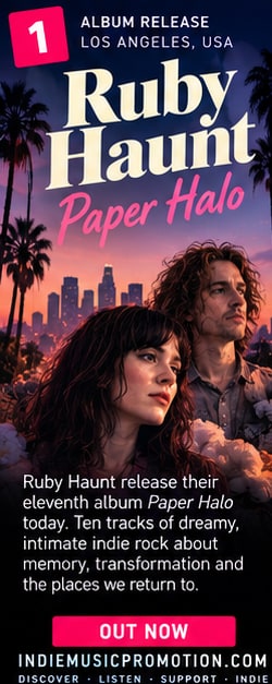 Ruby Haunt duo against Los Angeles skyline at twilight for Paper Halo album release.