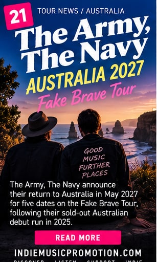 Two figures seated overlooking coastal cliff formations at sunset for The Army, The Navy Australian tour.