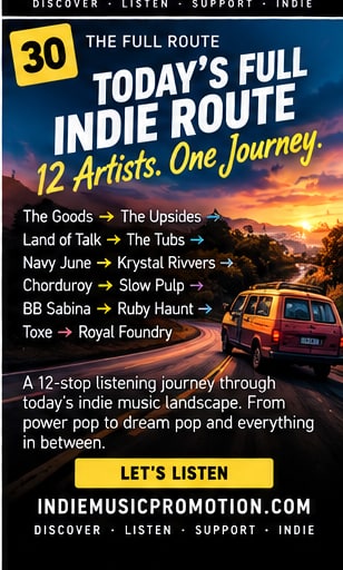 Van driving along winding coastal mountain highway into golden sunset for Today's Full Indie Route.