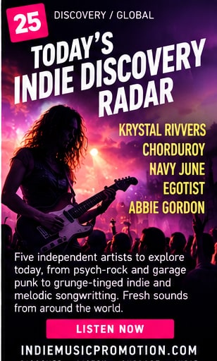 Guitarist performing under purple stage lights before cheering crowd for Indie Discovery Radar.