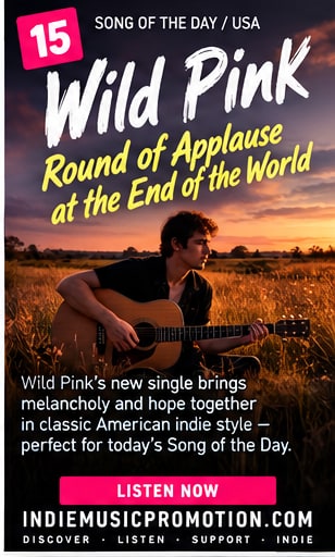 Musician seated in tall grass playing acoustic guitar during sunset for Wild Pink single.