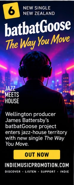 Producer with headphones overlooking neon city skyline for batbatGoose The Way You Move.