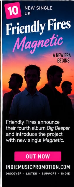 Euphoric indie dance floor with laser lights and dancers celebrating Friendly Fires Magnetic.
