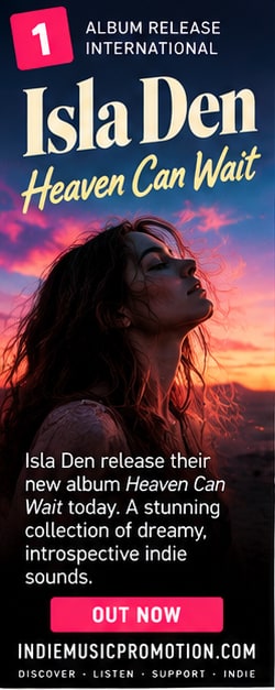 Isla Den Heaven Can Wait album release portrait against dramatic sunset sky.