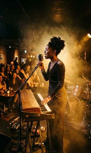 Soulful vocalist and pianist performing under hazy golden spotlights for Nick Hakim I Can See Tour launch.