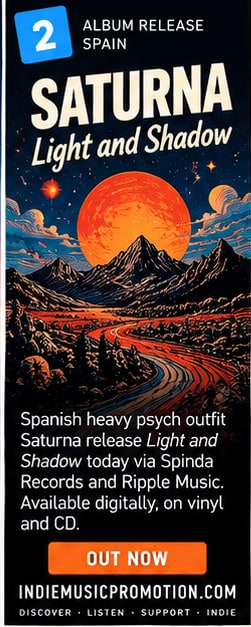 Saturna Light and Shadow heavy psych album artwork featuring red moon and cosmic mountains.