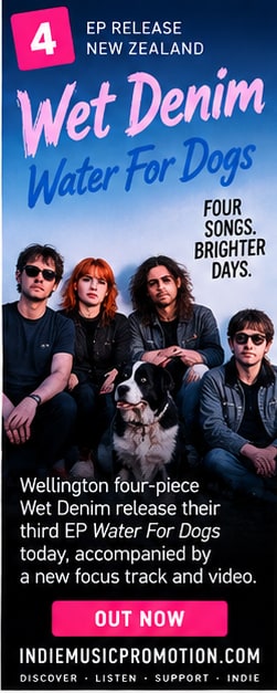 Wellington four-piece Wet Denim with black and white dog for Water For Dogs EP.