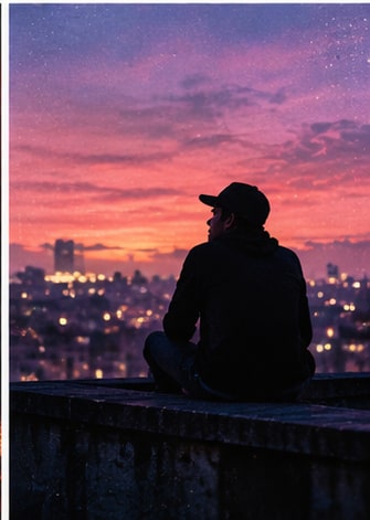 Figure on rooftop overlooking glowing city lights at twilight for 2charm electronic single.