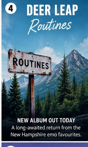 Deer Leap Routines rustic road sign in front of mountain pine forest.