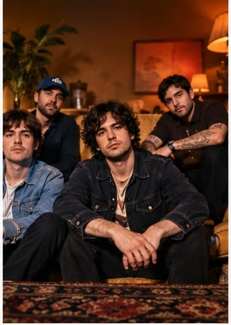 Indie band musicians in casual discussion in vintage studio surrounded by instruments and vinyl crates.